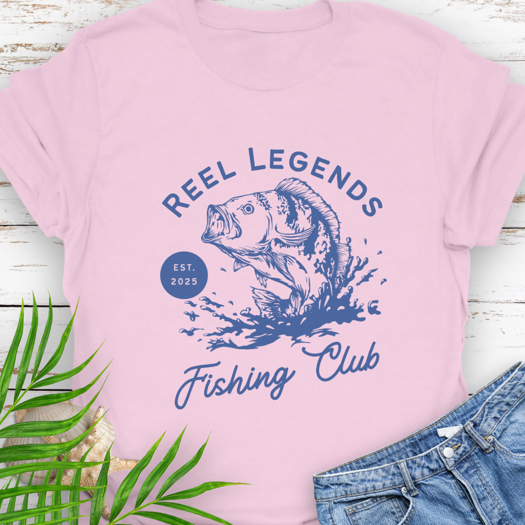 Pink Reel Legends Fishing Club Unisex T-shirt perfect for a fishing enthusiast.