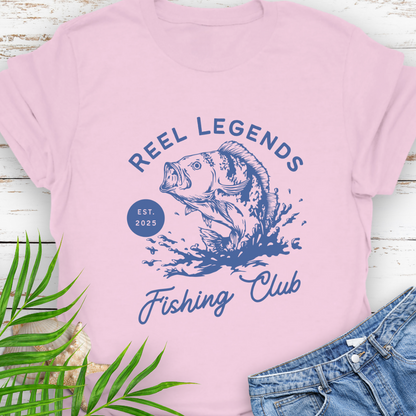 Pink Reel Legends Fishing Club Unisex T-shirt perfect for a fishing enthusiast.