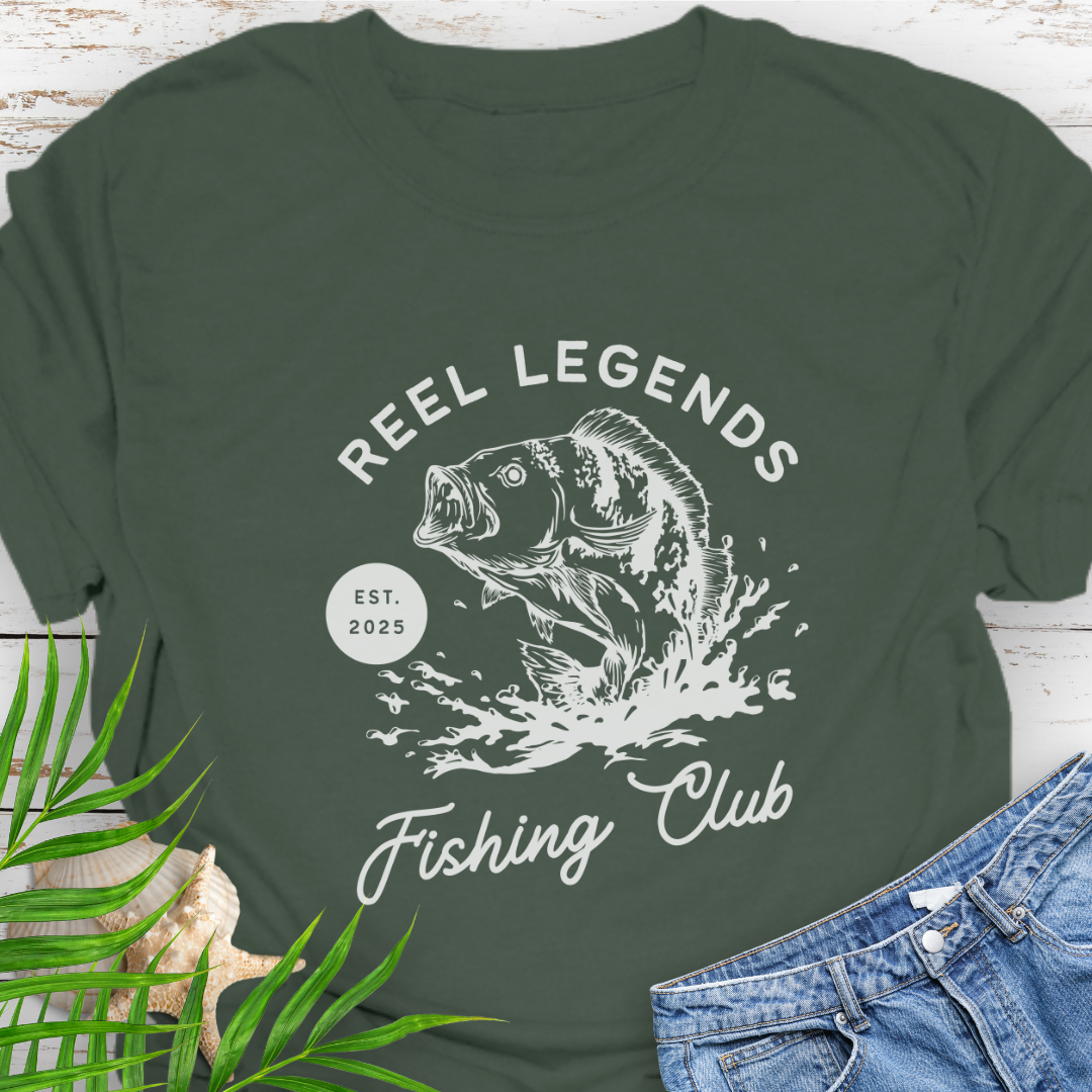 Military Green Reel Legends Fishing Club Unisex T-shirt perfect for a fishing enthusiast.