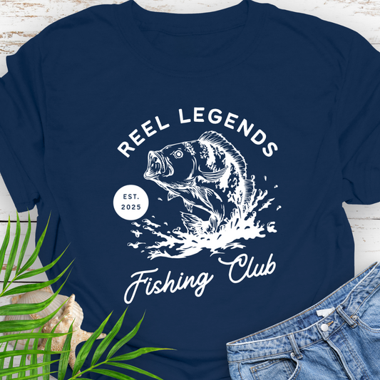 Navy Blue Reel Legends Fishing Club Unisex T-shirt perfect for a fishing enthusiast.