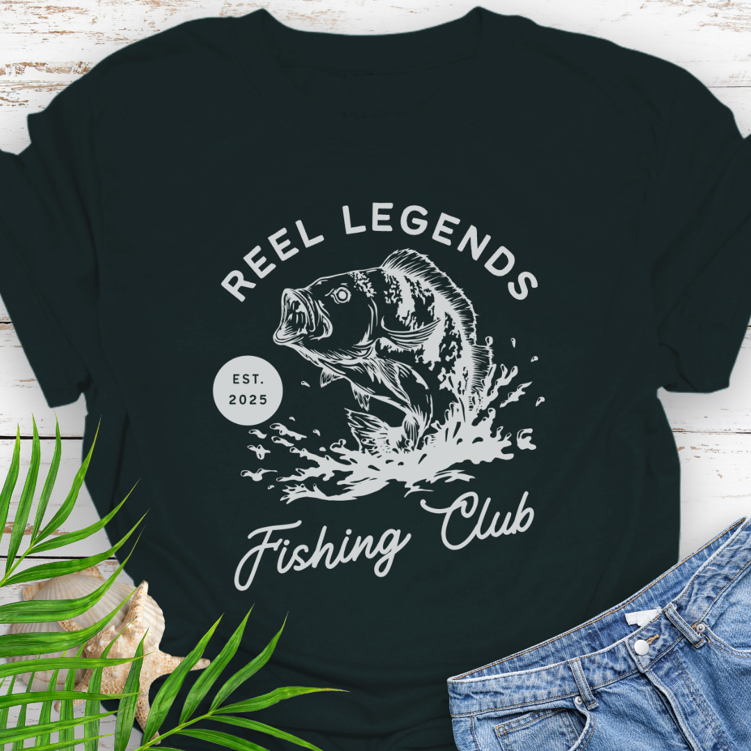 Black Reel Legends Fishing Club Unisex T-shirt perfect for a fishing enthusiast.