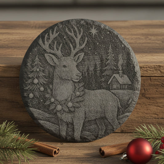 Decorative coaster with a reindeer design in a snowy wooded forest with a Christmas tree and cabin.