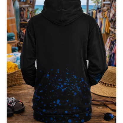 Black hoodie with blue water bubble design on the back.