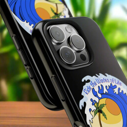 Black iPhone Case double view with wave with sun and palm tree in the middle that says Ride the Waves of Life.