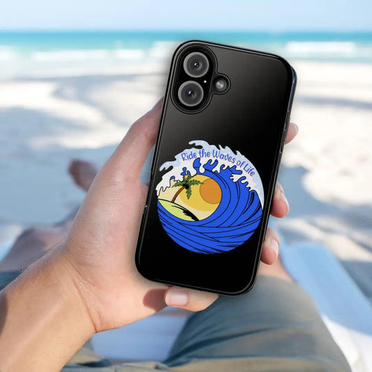 Black iPhone Case with wave with sun and palm tree in the middle that says Ride the Waves of Life.