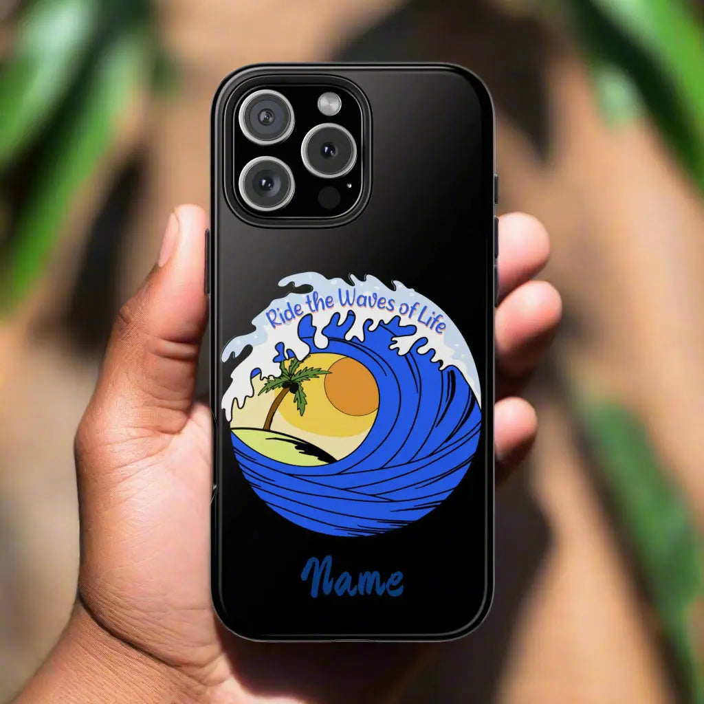 Black iPhone 16 Pro Max Case with wave with sun and palm tree in the middle that says Ride the Waves of Life.