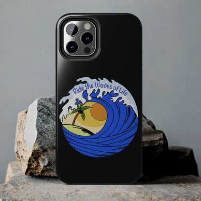 Black iPhone 12 Pro Case with wave with sun and palm tree in the middle that says Ride the Waves of Life.