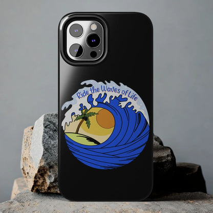 Black iPhone 12 Pro Max Case with wave with sun and palm tree in the middle that says Ride the Waves of Life.