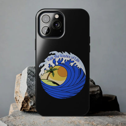 Black iPhone 13 Pro Max Case with wave with sun and palm tree in the middle that says Ride the Waves of Life.