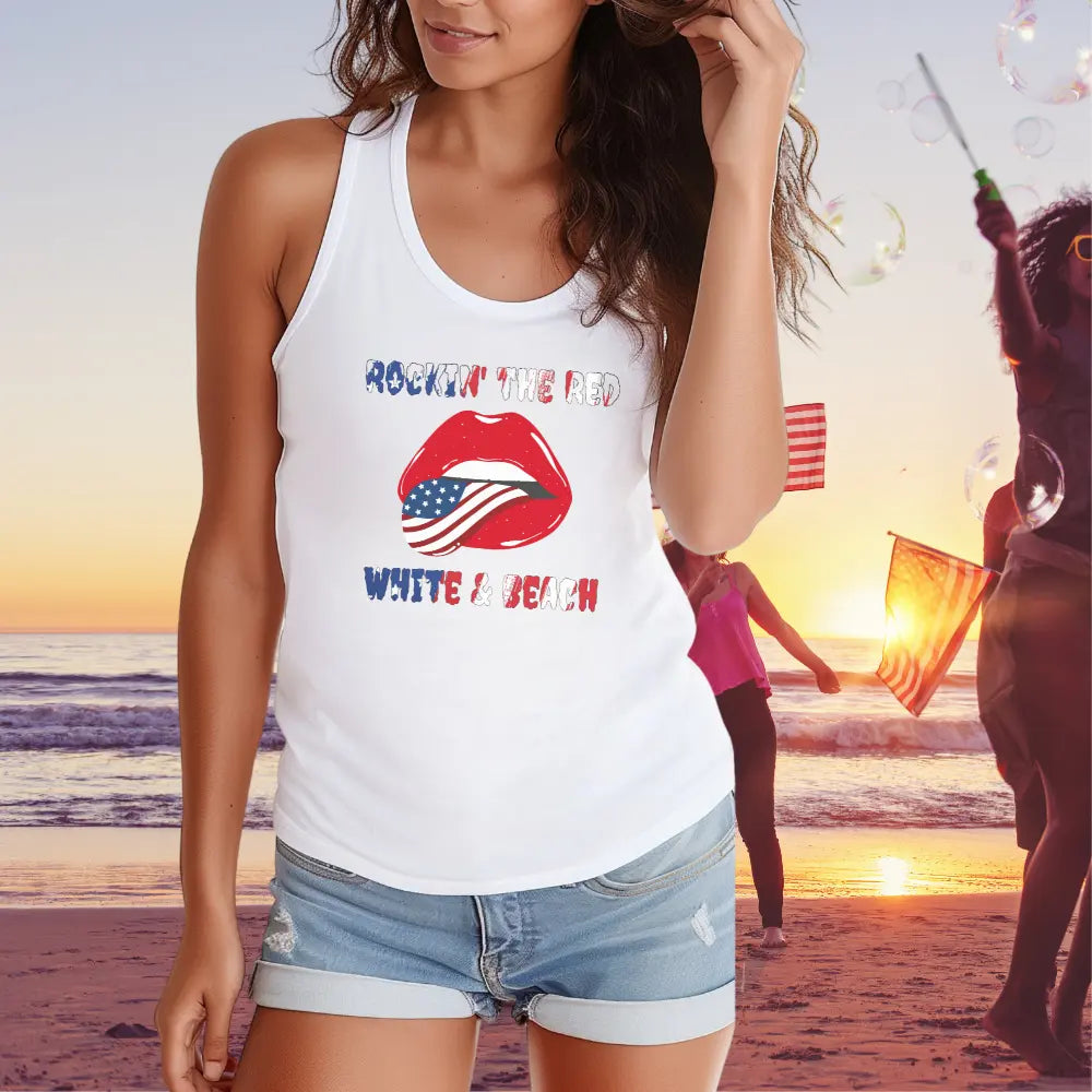 white tank top with rolling stone lips with the american flag tongue with flag text that says Rockin' the Red White and Blue