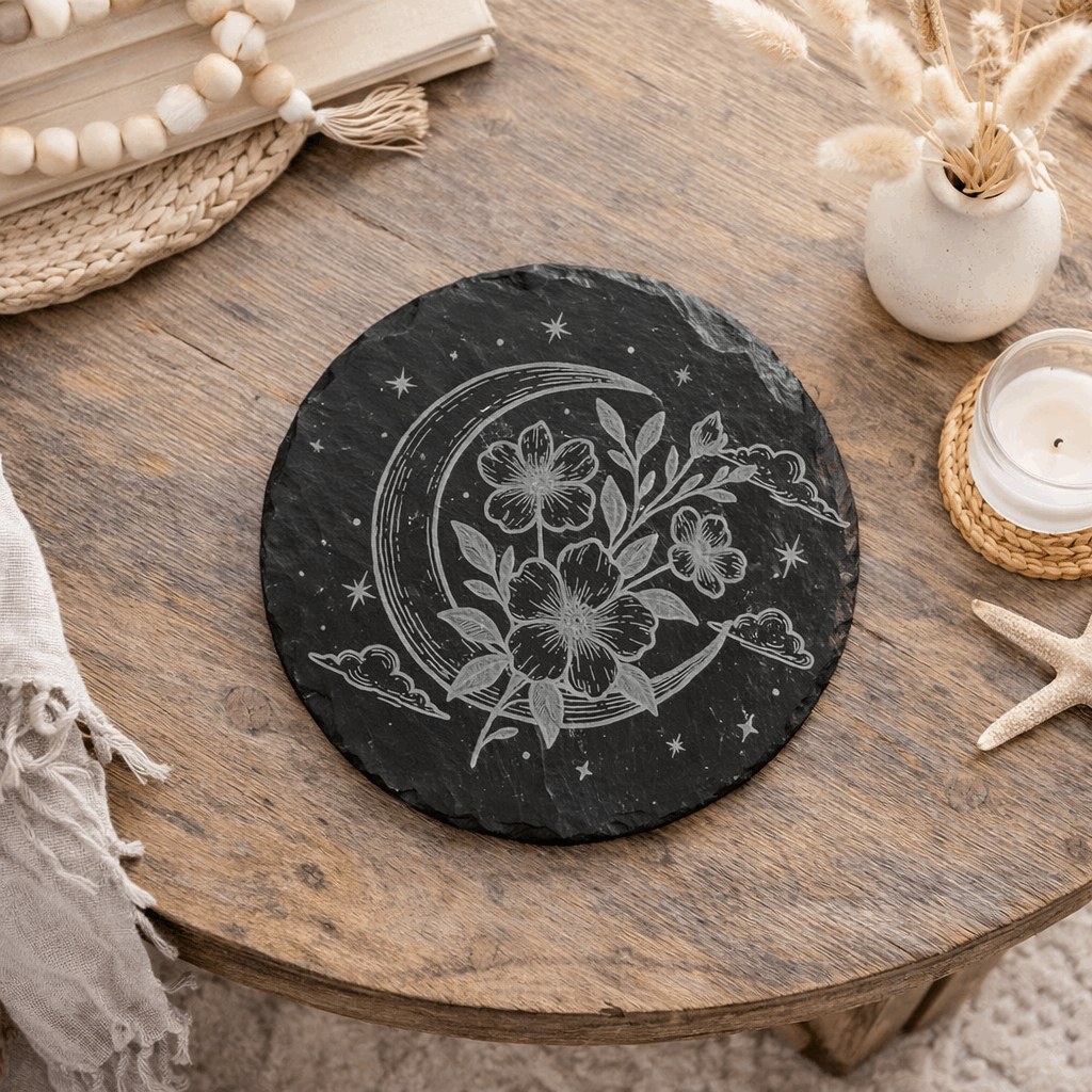Decorative black slate coaster with floral and moon design.