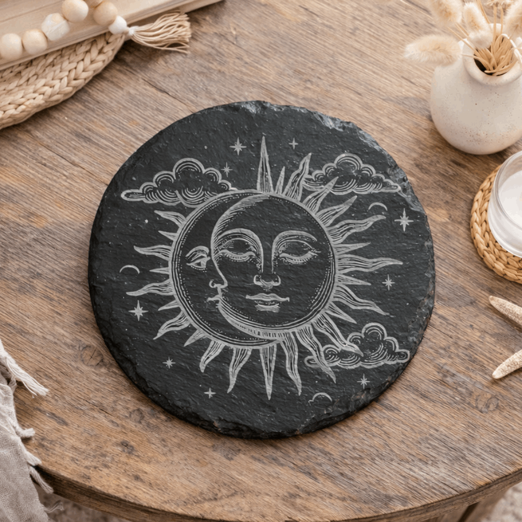 Decorative slate coaster with sun and moon design.