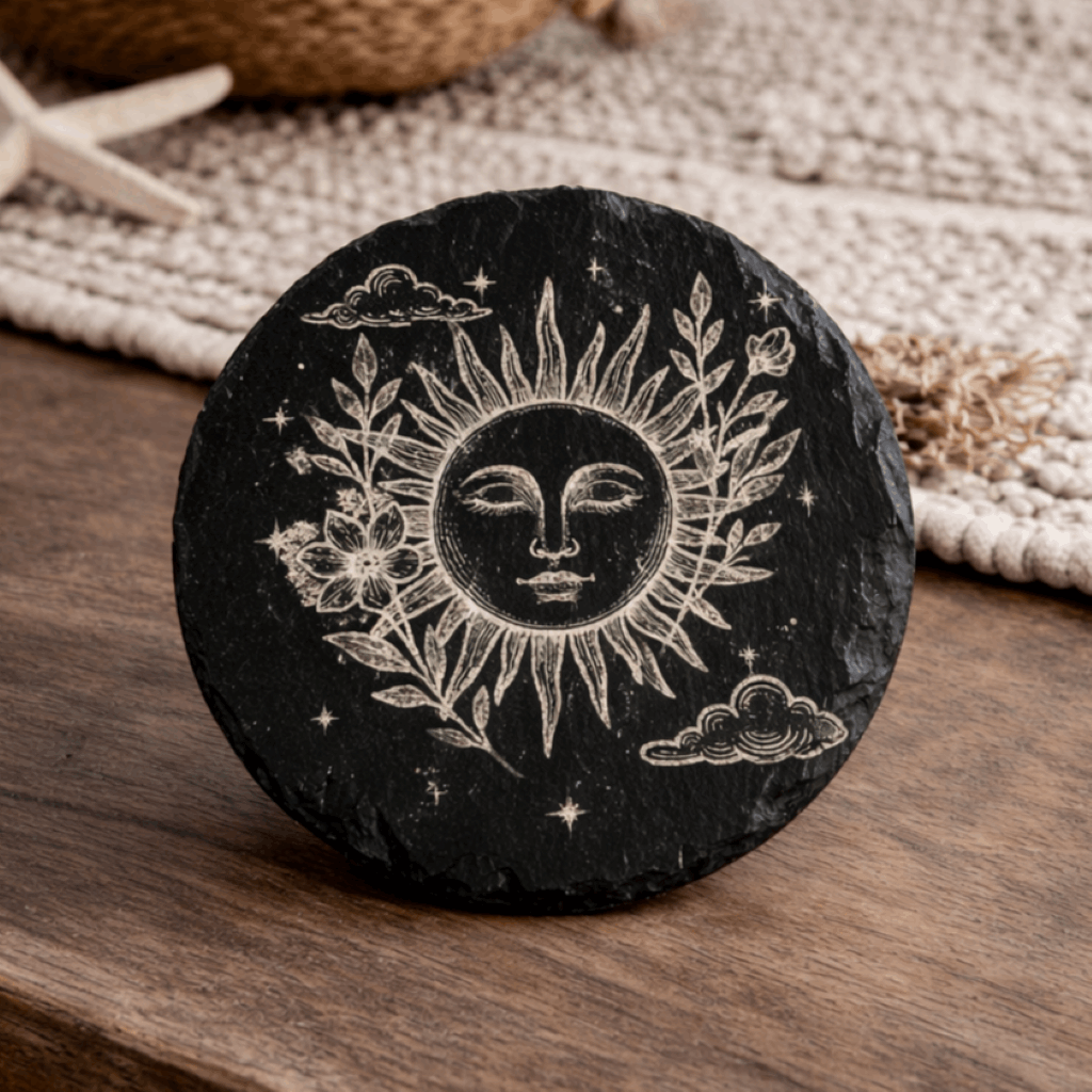 Decorative black stone with sun design on a wooden surface