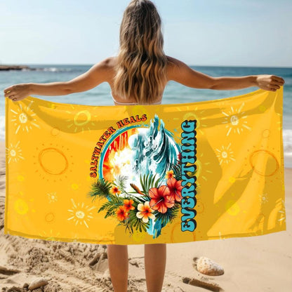 Bright yellow back with a picture of waves with tropical flowers that says Saltwater Heals Everything around the side of the image