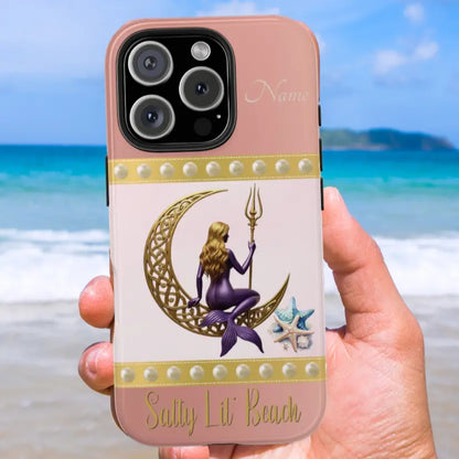 Pink and White Cell Phone Case with mermaid sitting on a celtic crescent moon holding a trident that says Salty Lil' Beach. Personalized with name.