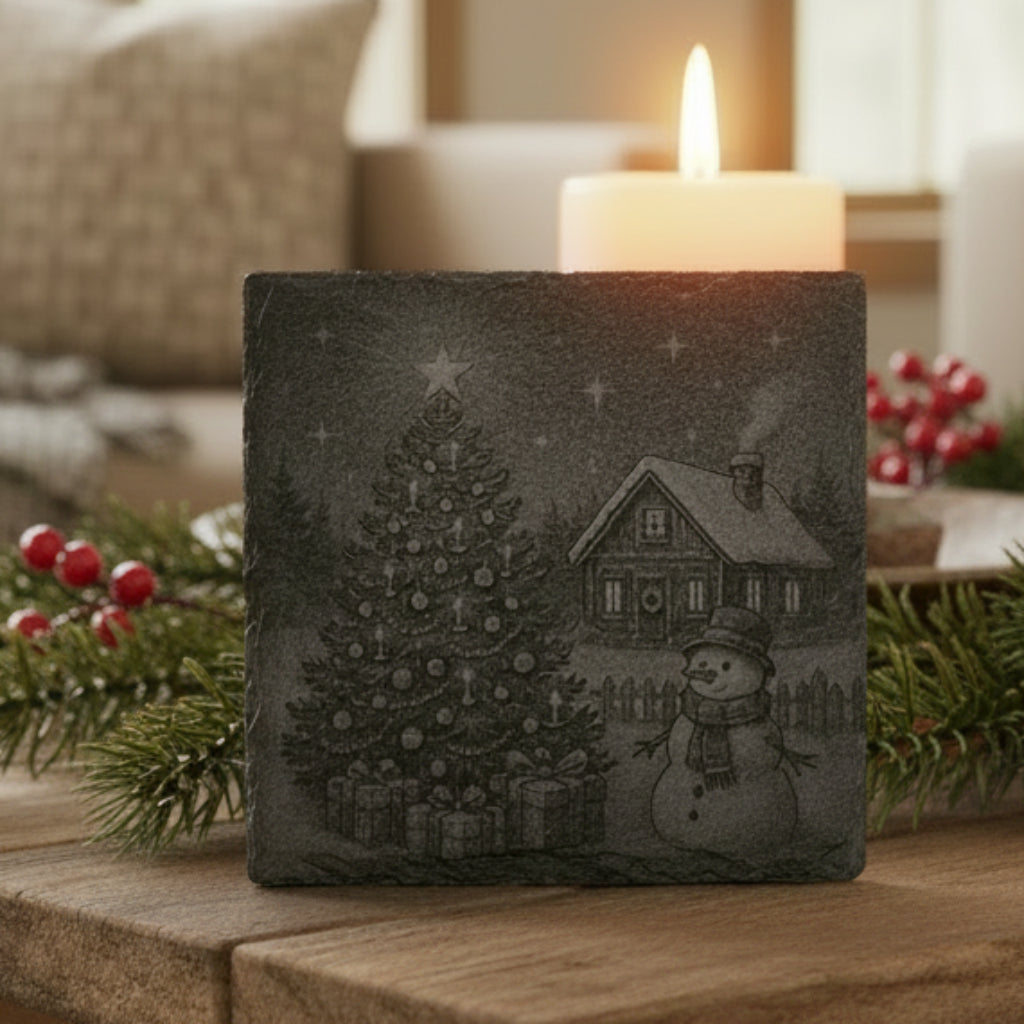Decorative slate coaster engraved with a snowy Christmas scene featuring a tree and snowman.