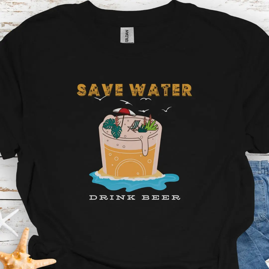 Black t-shirt with Beer mug on beach with text Save Water Drink Beer