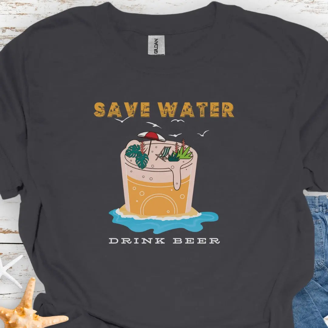 Charcoal t-shirt with Beer mug on beach with text Save Water Drink Beer