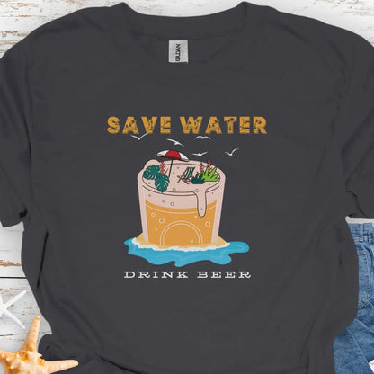 Charcoal t-shirt with Beer mug on beach with text Save Water Drink Beer