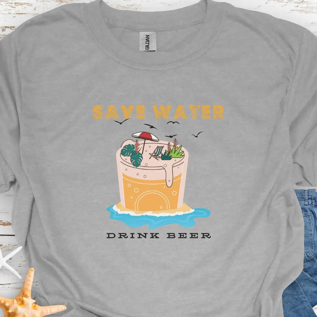 Sport Gray t-shirt with Beer mug on beach with text Save Water Drink Beer
