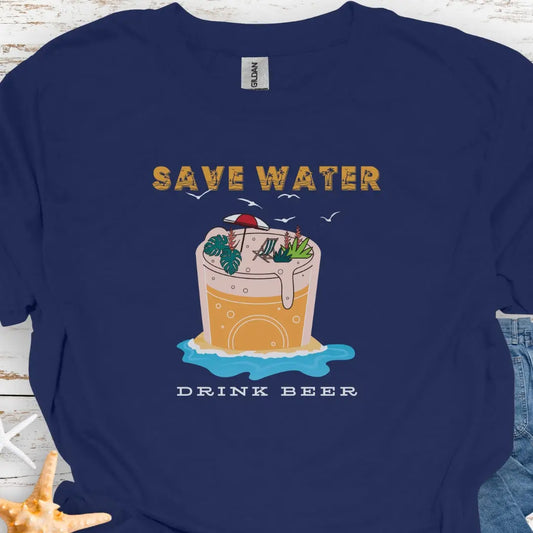 Navy t-shirt with Beer mug on beach with text Save Water Drink Beer