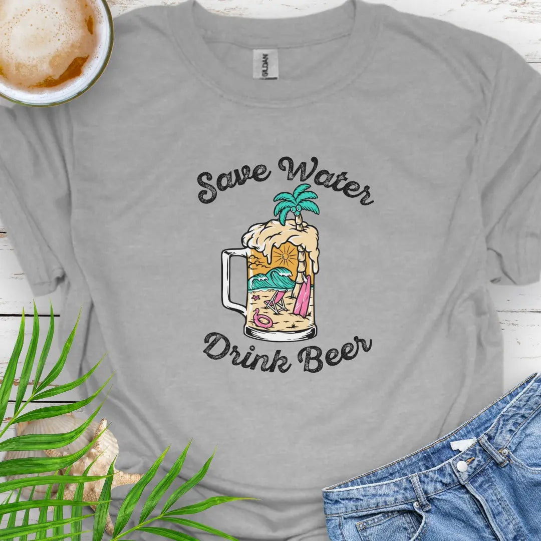 Sport Gray T-shirt with beer mug filled with an overpour of a beach scene with the text Save Water Drink Beer. Perfect happy hour or party shirt!