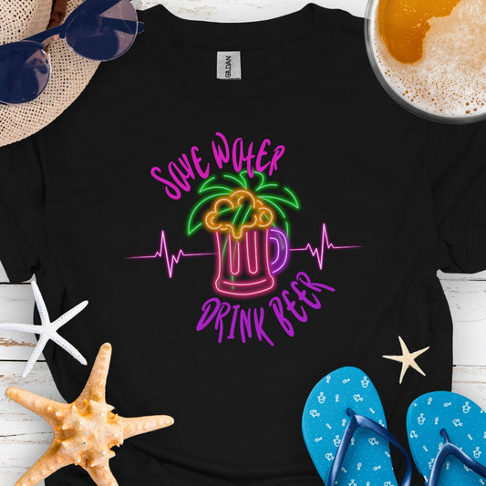 Black t-shirt with Neon Beer mug with text Save Water Drink Beer