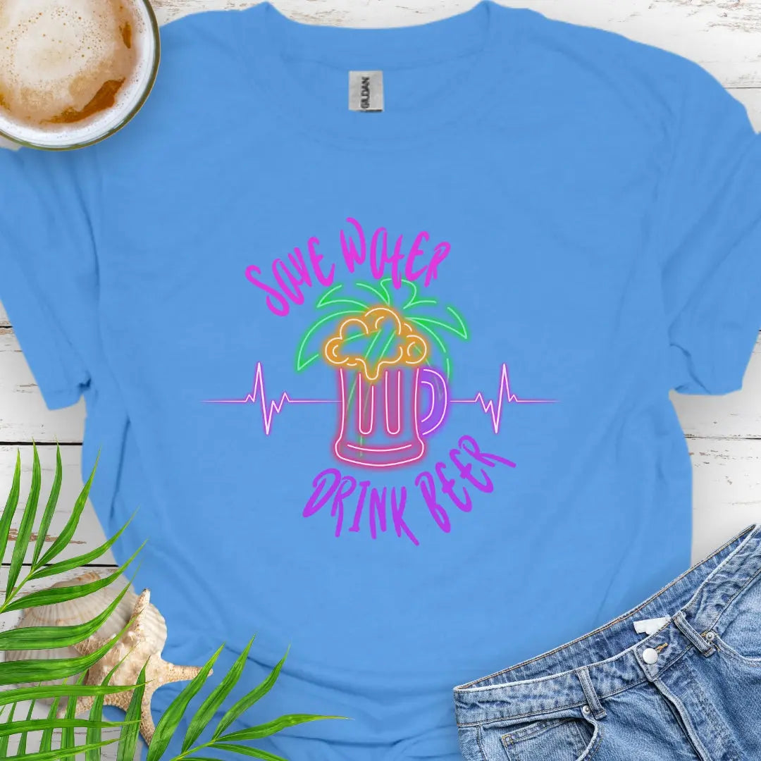 Carolina Blue t-shirt with Neon Beer mug with text Save Water Drink Beer