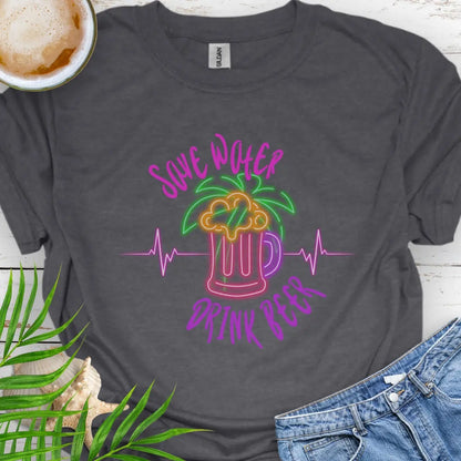 Dark heather t-shirt with Neon Beer mug with text Save Water Drink Beer