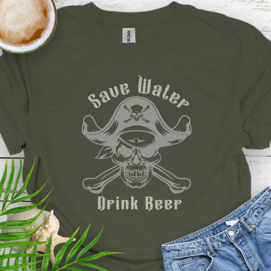 Military Green  with Pirate and text Save Water Drink Beer.