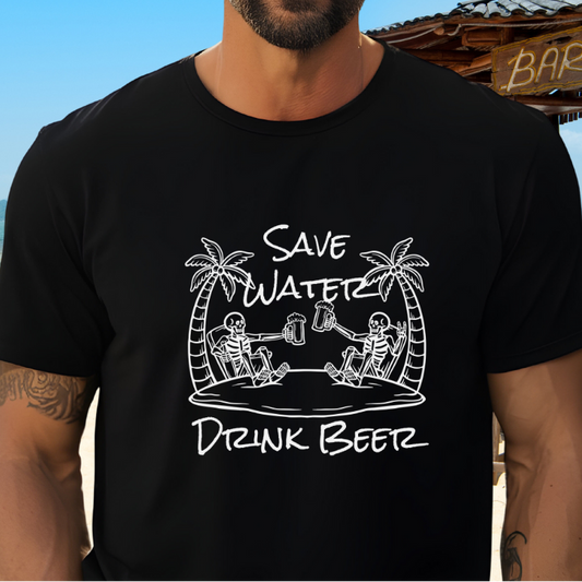 Man wearing black T-shirt featuring two skeletons on a beach clinking beer bottles with the phrase "Save Water Drink Beer" in a playful coastal setting.