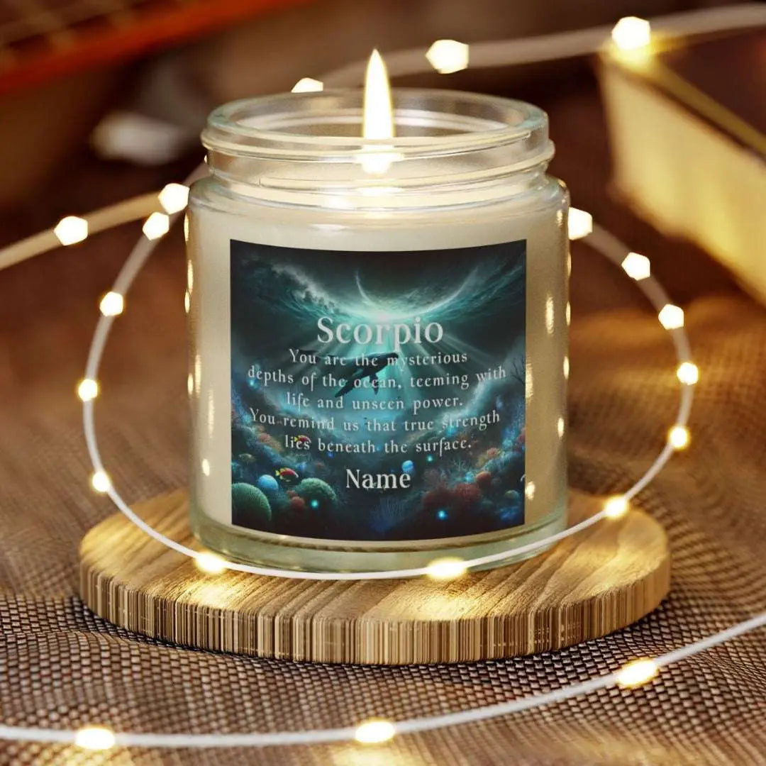 Elegant Scorpio Zodiac hand-poured coconut apricot wax scented candle in a 4 oz clear glass jar, featuring a picture of a whale under the sea with the sunlight coming from above and an inspirational quote personalized. A beach-inspired astrology gift, perfect for relaxation and decor.