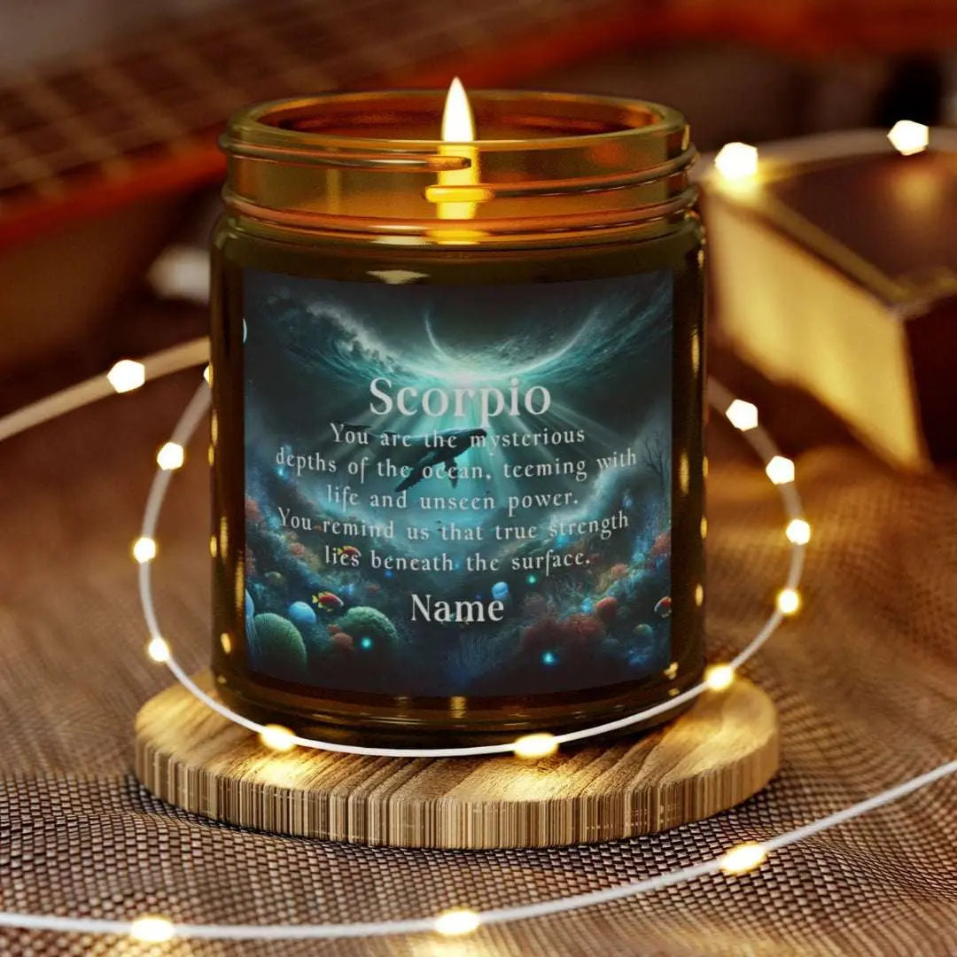 Elegant Scorpio Zodiac hand-poured coconut apricot wax scented candle in a 9 oz amber glass jar, featuring a picture of a whale under the sea with the sunlight coming from above and an inspirational quote personalized. A beach-inspired astrology gift, perfect for relaxation and decor.