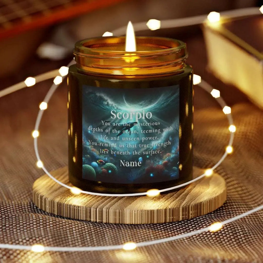 Elegant Scorpio Zodiac hand-poured coconut apricot wax scented candle in a 4 oz amber glass jar, featuring a picture of a whale under the sea with the sunlight coming from above and an inspirational quote personalized. A beach-inspired astrology gift, perfect for relaxation and decor.