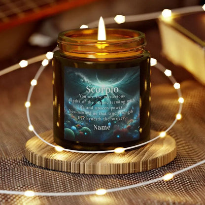 Elegant Scorpio Zodiac hand-poured coconut apricot wax scented candle in a 4 oz amber glass jar, featuring a picture of a whale under the sea with the sunlight coming from above and an inspirational quote personalized. A beach-inspired astrology gift, perfect for relaxation and decor.
