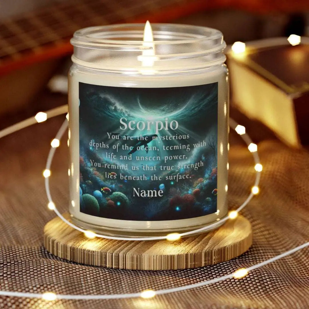Elegant Scorpio Zodiac hand-poured coconut apricot wax scented candle in a 9 oz clear glass jar, featuring a picture of a whale under the sea with the sunlight coming from above and an inspirational quote personalized. A beach-inspired astrology gift, perfect for relaxation and decor.