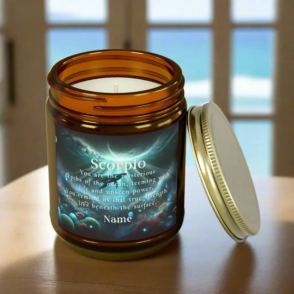 Elegant Scorpio Zodiac hand-poured coconut apricot wax scented candle in a 9 oz amber glass jar with gold lid, featuring a picture of a whale under the sea with the sunlight coming from above and an inspirational quote personalized. A beach-inspired astrology gift, perfect for relaxation and decor.