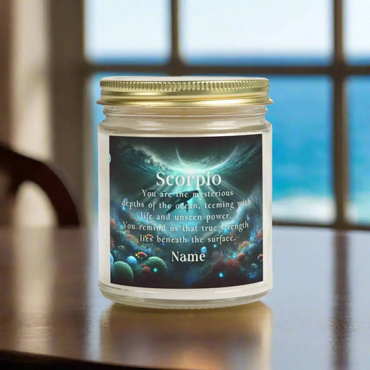 Elegant Scorpio Zodiac hand-poured coconut apricot wax scented candle in a 9 oz clear glass jar with gold lid, featuring a picture of a whale under the sea with the sunlight coming from above and an inspirational quote personalized. A beach-inspired astrology gift, perfect for relaxation and decor.