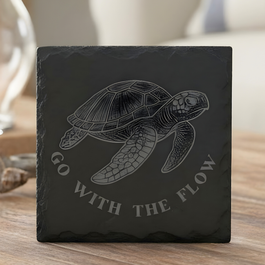 Sea Turtle Go with the Flow Engraved Slate Coaster 4".