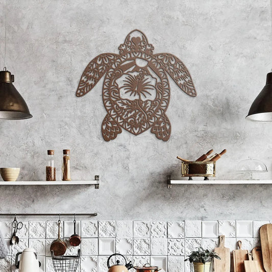A copper 18 gauge metal sign of a decorative sea turtle hanging in the kitchen
