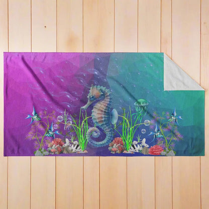 Purple to aqua gradient beach towel with Sea horse and underwater plants