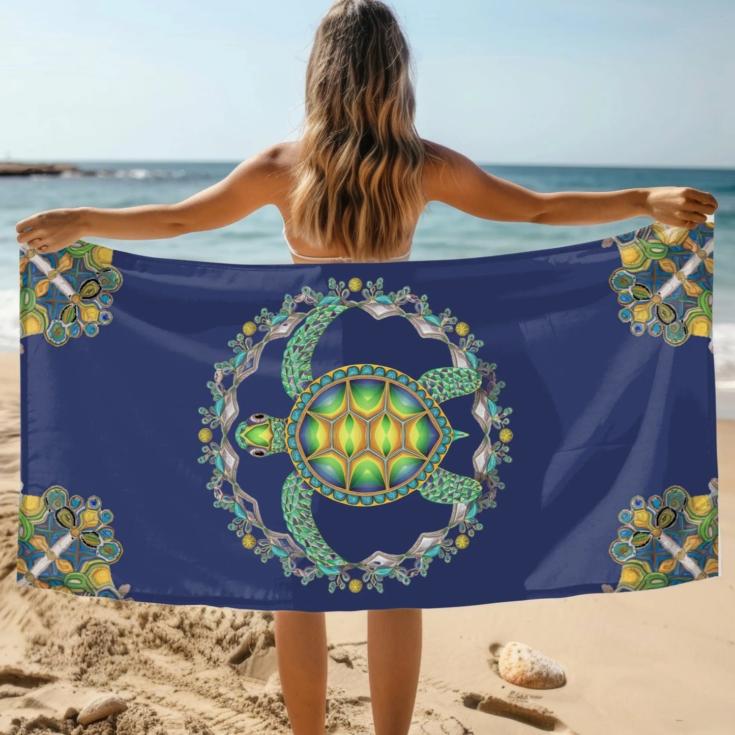 Woman holding Blue Sea Turtle Beach Towel