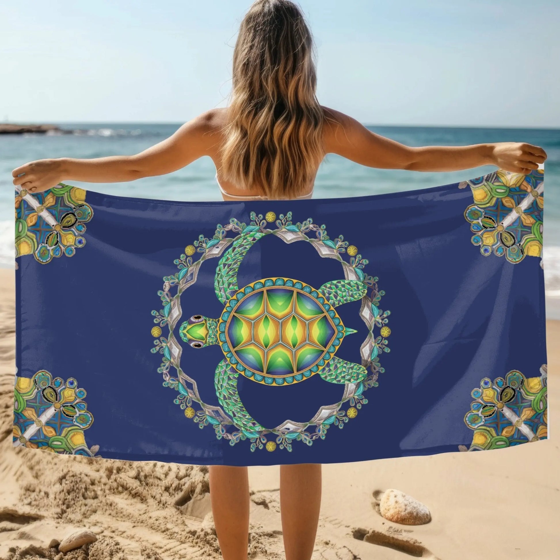 Woman holding Blue Sea Turtle Beach Towel