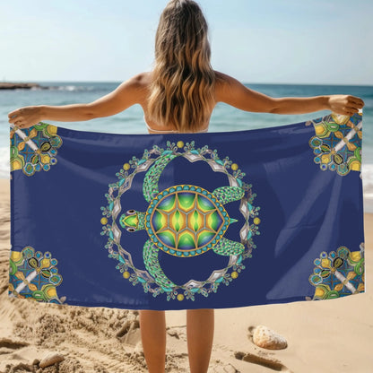 Woman holding Blue Sea Turtle Beach Towel