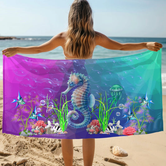 Purple to aqua gradient beach towel with Sea horse and underwater plants