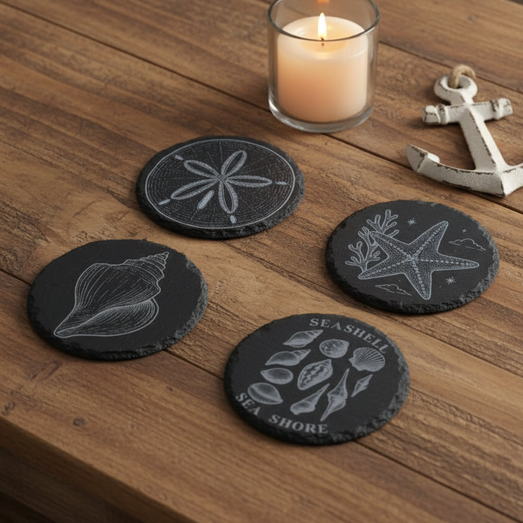Four black slate coasters with engraved sea-themed designs.