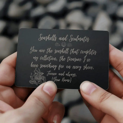 Engraved wallet card featuring "Seashells and Soulmates," a romantic beach-themed keepsake, perfect for anniversaries, weddings, or gifts.