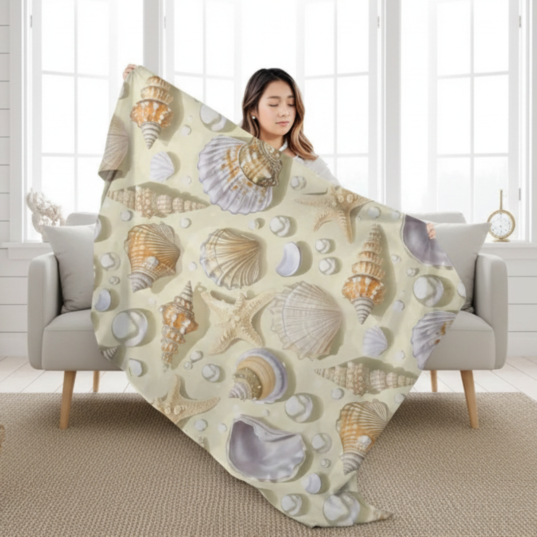 Woman holding a blanket with shell pattern in a living room