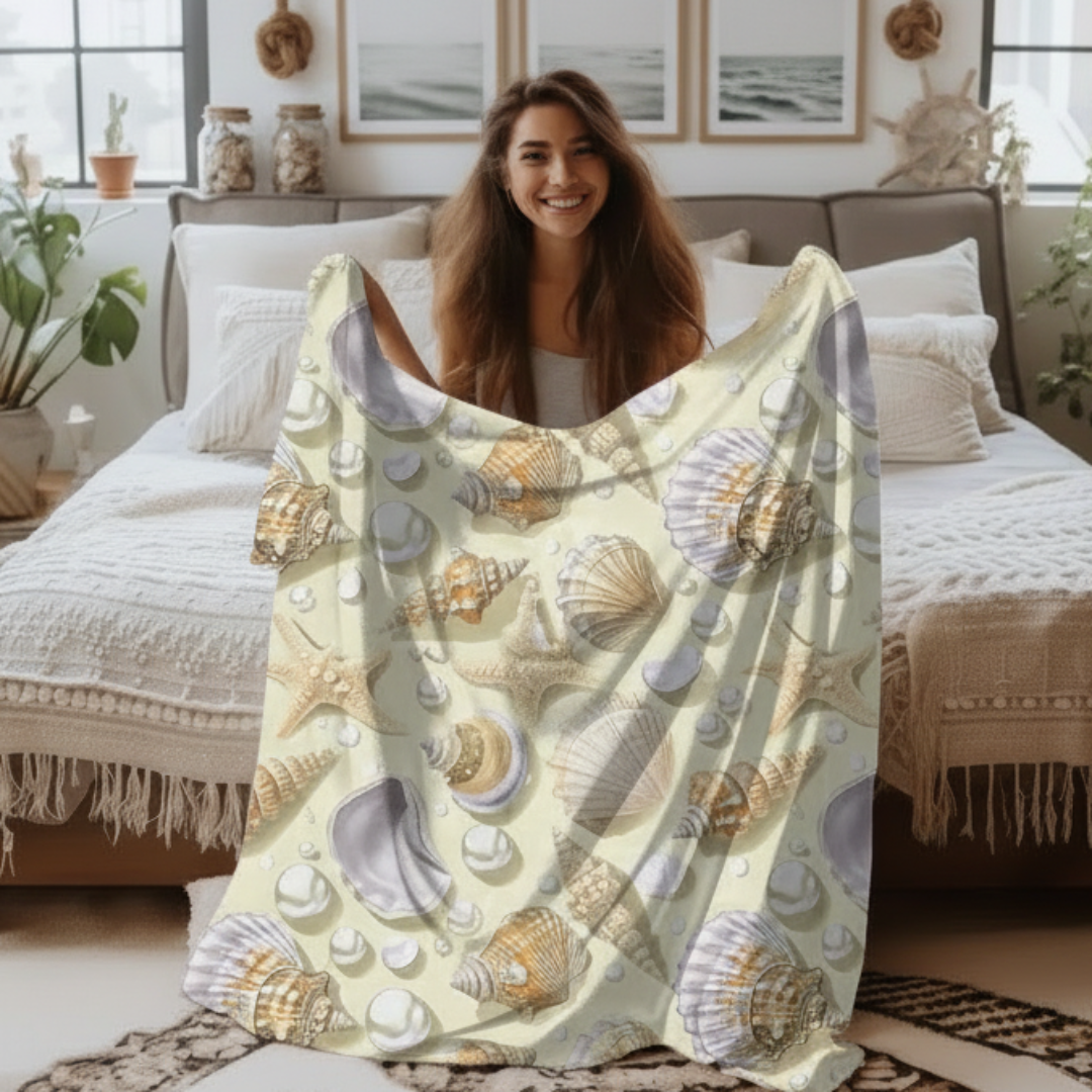 Woman holding a shell-patterned blanket in a cozy living room.