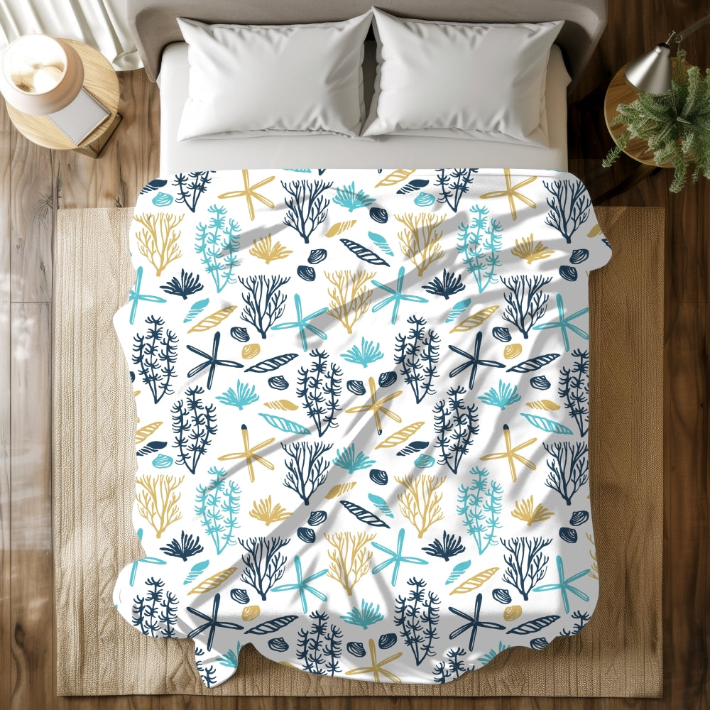 60x80 White velveteen blanket with seashells, underwater plants, starfish in blue and yellows